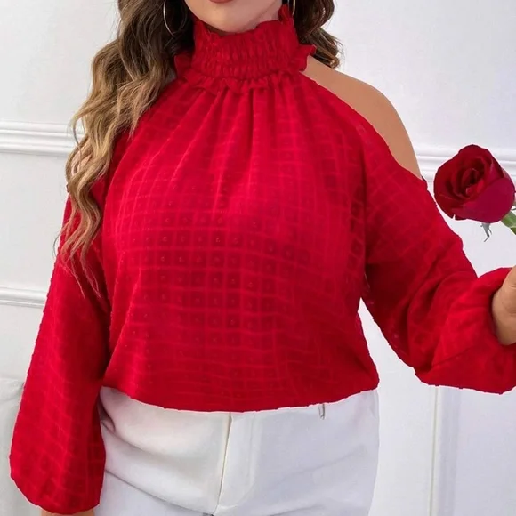 Plus Cold Shoulder Mock Neck Blouse - Picture 1 of 8